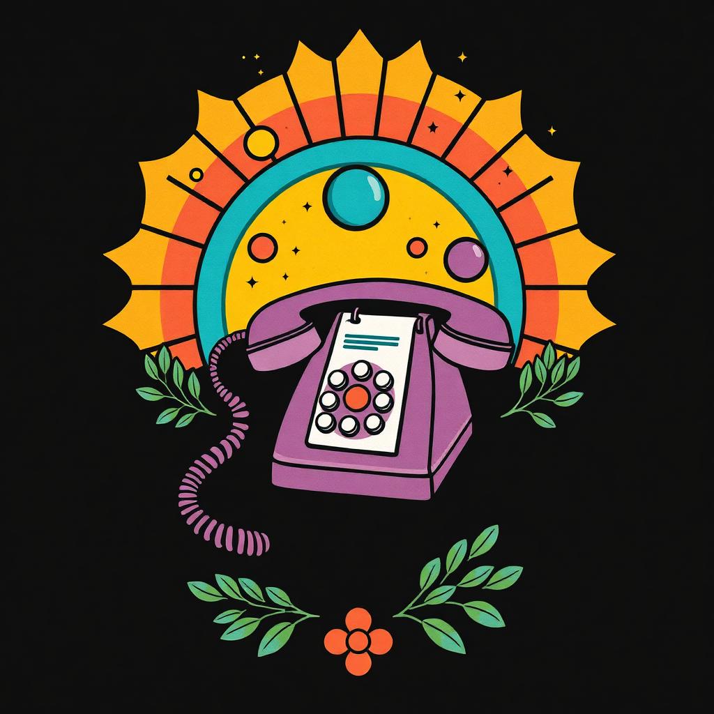 Retro illustration of a vintage telephone with a rising sun and olive branches