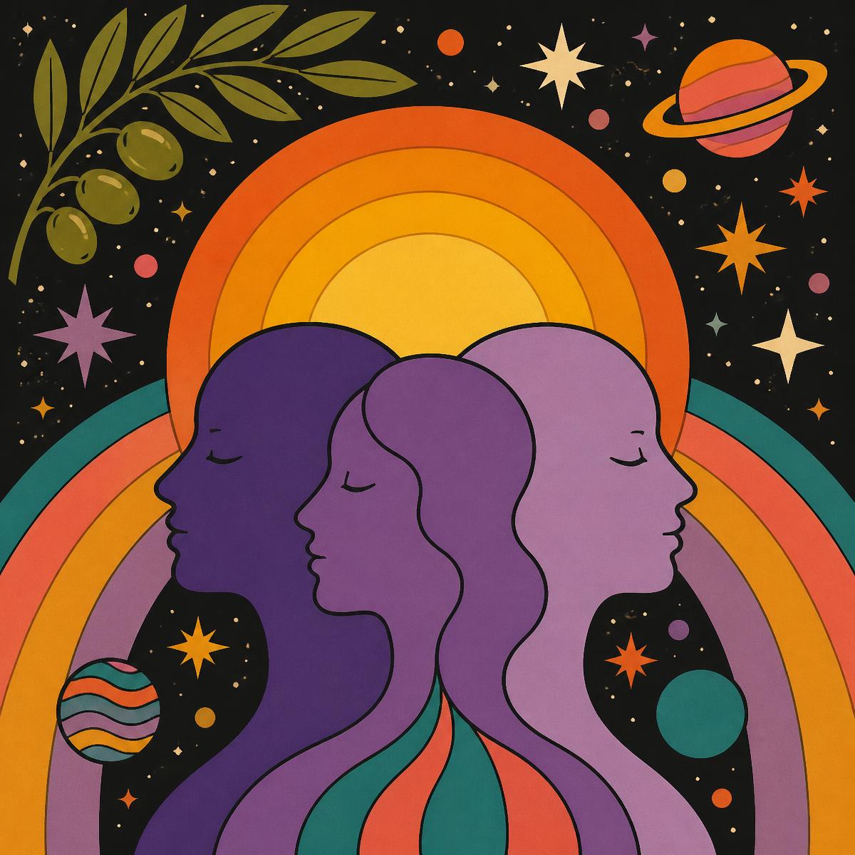 Retro illustration of three profile silhouettes in front of a rising sun