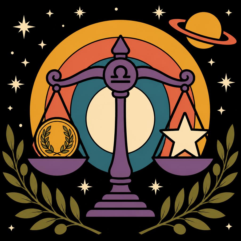 Retro illustration of a golden balance scale with a rising sun and olive branches